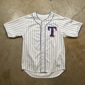Texas Rangers Dynasty Jersey Men Size L White Stripe Button Short Sleeve